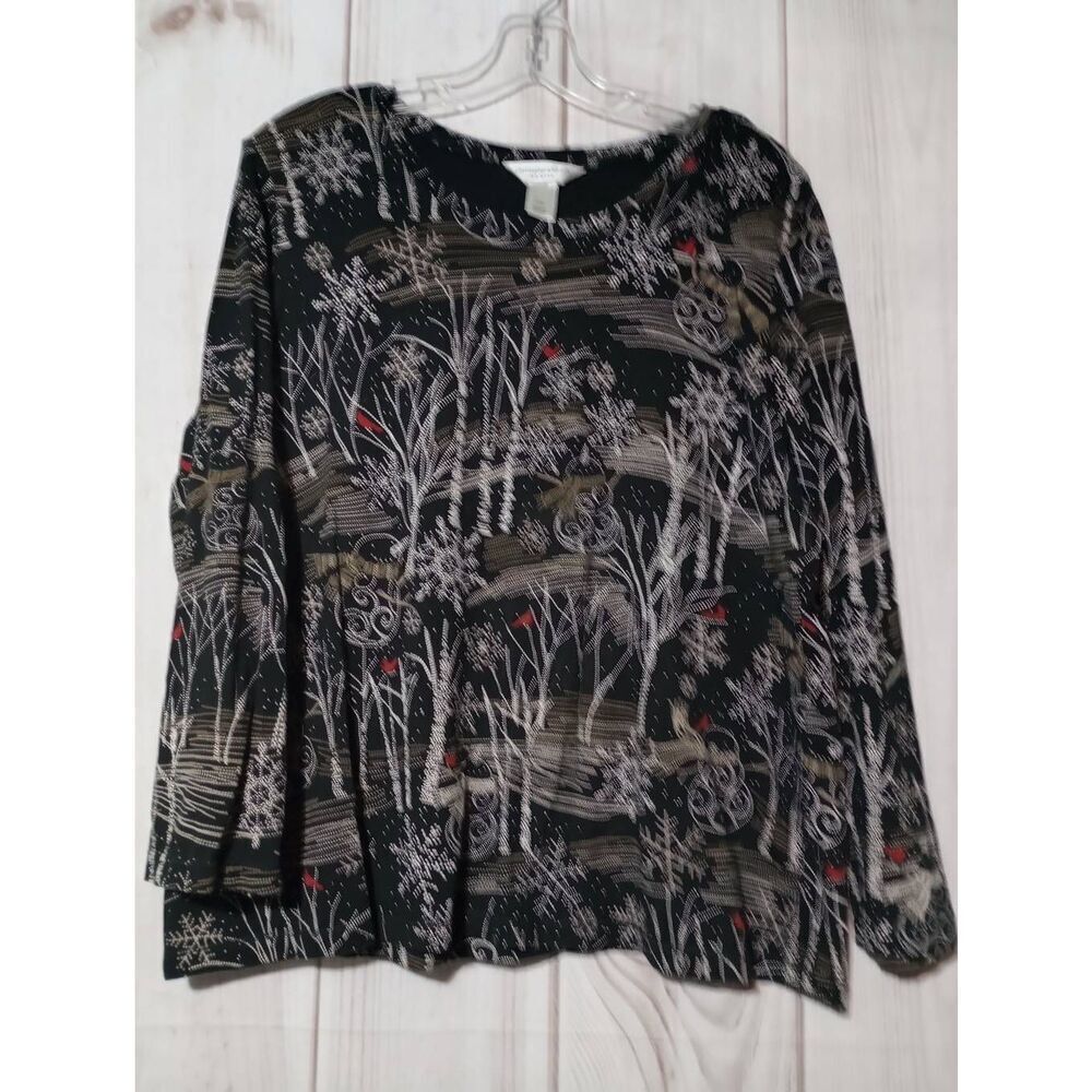 Christopher & Banks Petite XL Winter Snowman Cardinal Long Sleeve Top Black